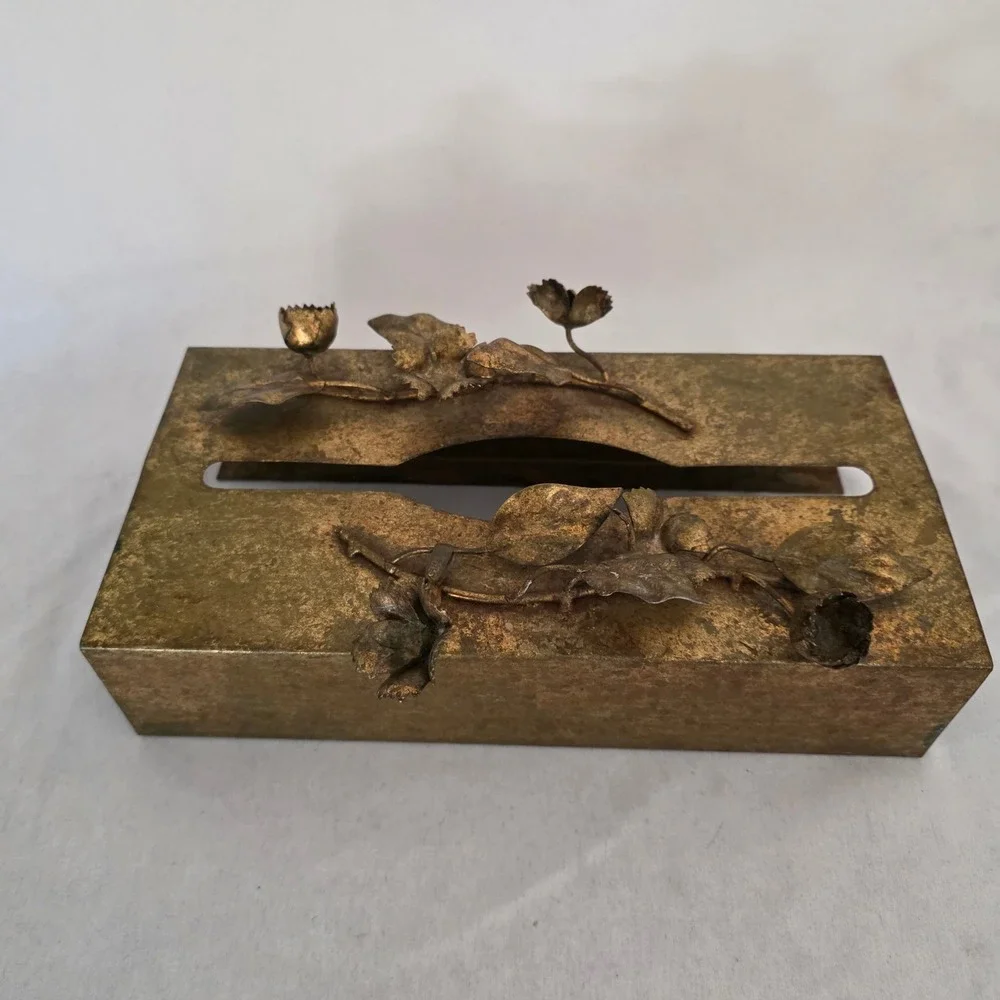 VTG Ornate Gilt Metal Tissue Box Cover Gold Tone Hollywood Regency Floral. Italy